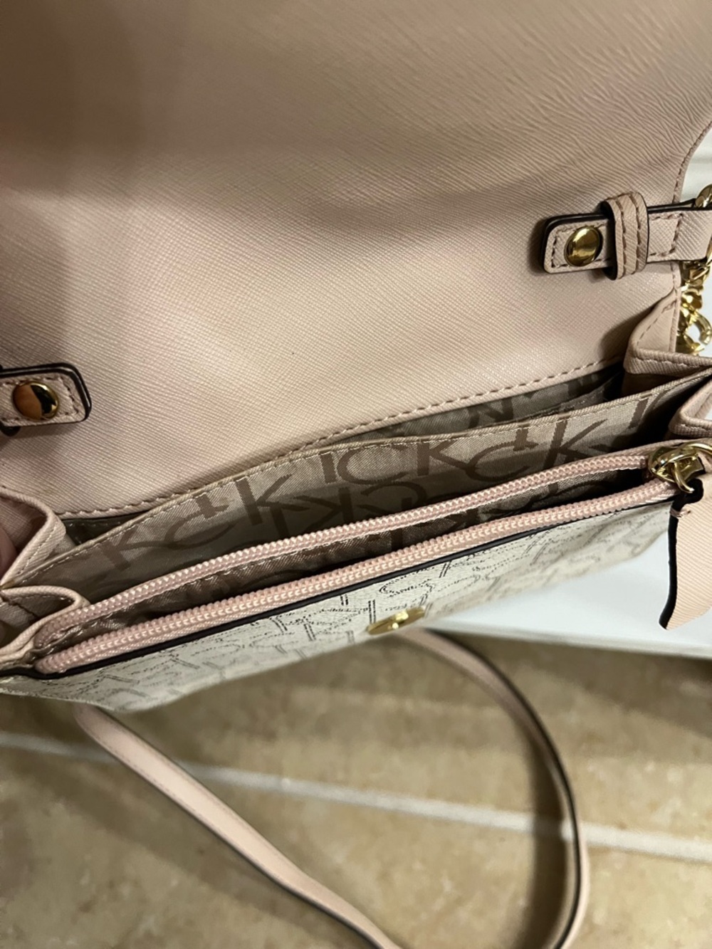 Calvin Klein Cream Monogram Crossbody Bag with Gold Accents - Picture 4 of 5